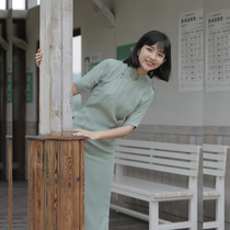 Jasmine cheongsam spring and summer four-point sleeve full open long retro Daily solid color copper ammonia silk old cheongsam