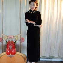 Jasmine cheongsam autumn and winter seven-point long-sleeved retro literary daily pure cotton thickened flocking cheongsam black