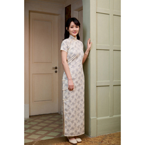 Jasmine cheongsam spring and summer new products short sleeve full open long retro daily printed linen cheongsam chin cream