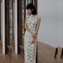 Jasmine Cheongsam Spring and Autumn Small Lianlian Sleeve Full Open Long Vintage Art Daily Printing Linen Cheongsam Ting Xuan