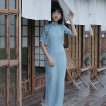 Jasmine cheongsam spring and summer four-point sleeve full open long retro Daily solid color copper ammonia silk old cheongsam like water