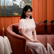 Jasmine Cheongsam Spring and Summer New Product Flying Sleeve Full Open Long Vintage Daily Lace Cheongsam Rose Miss