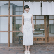 Jasmine cheongsam 5th new sleeveless square buckle long retro Daily wave Dot Cotton cheongsam soft instrument