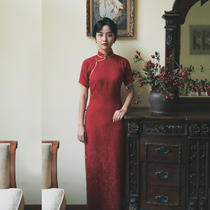 Jasmine Spring Summer Three-point sleeve full cardigan mid-length Retro everyday red Tencel cheongsam Good luck