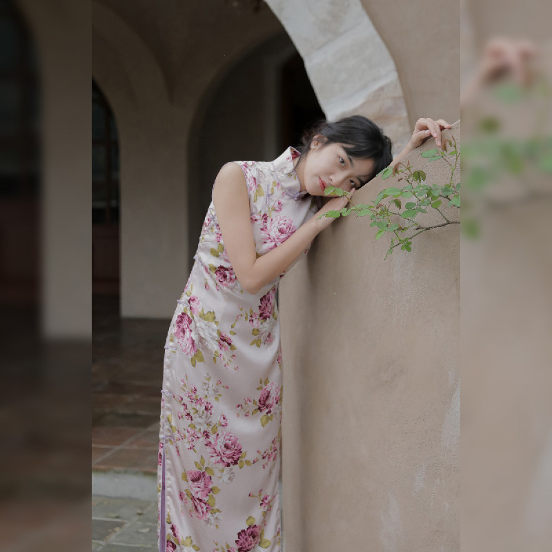 Jasmine Qipao Spring Summer New Product Totally Sleeveless Full Open Flap Long Version Retro Daily Genuine Silk Qipao Fangting