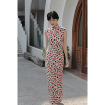 Jasmine cheongsam summer completely sleeveless half-cardigan long retro literary Daily printed silk cheongsam ripples