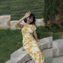 Jasmine cheongsam spring and summer new products short sleeve full open long retro daily printed linen cheongsam order autumn