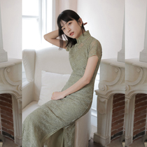 Jasmine cheongsam spring and autumn short sleeves with sleeves full open placket mid-length retro daily lace cheongsam spike shadow