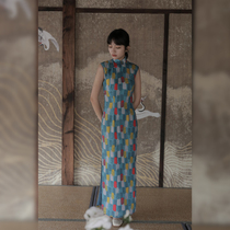Jasmine Spring Summer completely sleeveless side zipper long retro daily printed linen cheongsam Color Field
