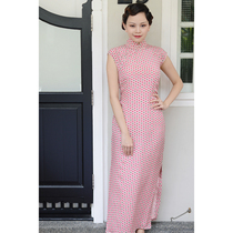 Jasmine cheongsam spring and summer small sleeve half open long retro literary art daily printing silk cheongsam Peach