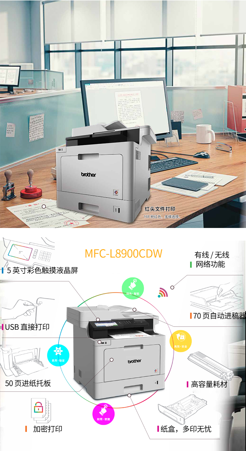 兄弟MFC-L8900CDW彩色双面打印复印扫描传真激光A4一体机无线wifi