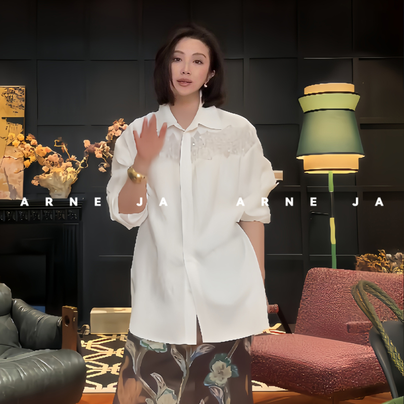 「Arne Ja」New Exquisite Tencel Linen Baroque Embossed Lace Patchwork Shirt D54Sc3096
