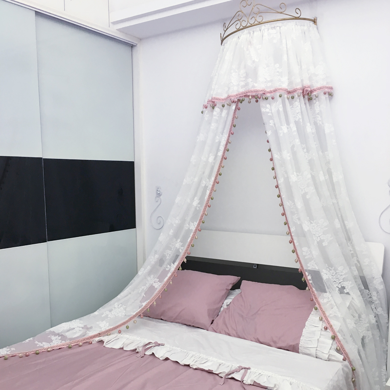 Princess Crown Frame Bed Mantle Lace Bedside Curtain Yarn Tent Veil Suspended Ceiling Round Mosquito Net Palace South Korea Style Wedding Wedding Decoration Bed Curtain