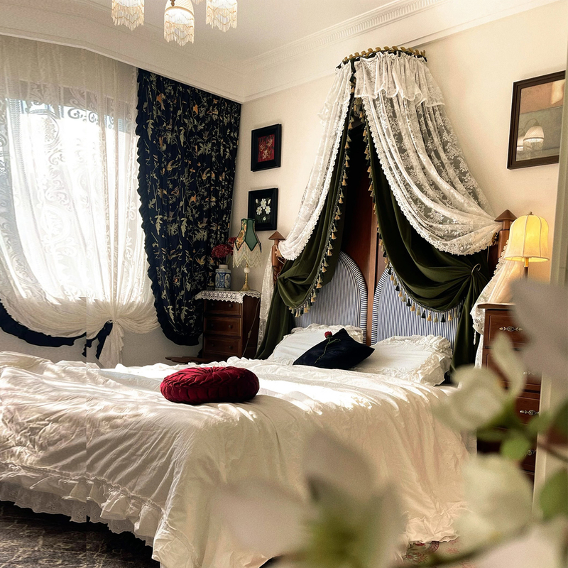 Medieval-Style Bed Curtains, Retro French Curtains, Villa Green Pink Bed Curtains, Guesthouse Velvet Light Luxury Master Bedroom American-Style Bed Curtains
