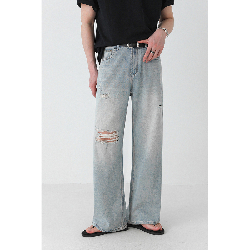Zpz Retro Distressed Ripped Jeans Men's Light Blue Loose Trousers Summer Casual Versatile Straight-Leg Pants