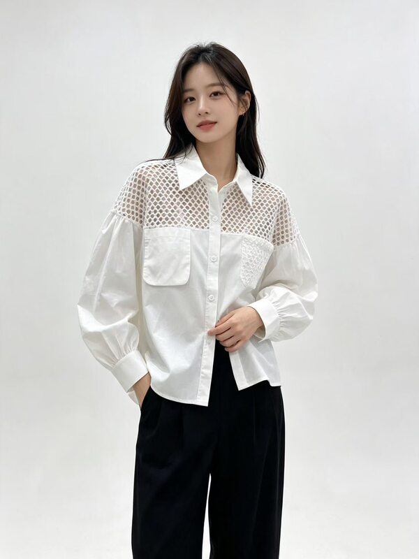 2026 Summer Korean Style Hollow Fishnet Patchwork Shirt for Women with Mesh on the Shoulders, See-Through Turn-Down Collar, Loose Long Sleeve Shirt Trendy