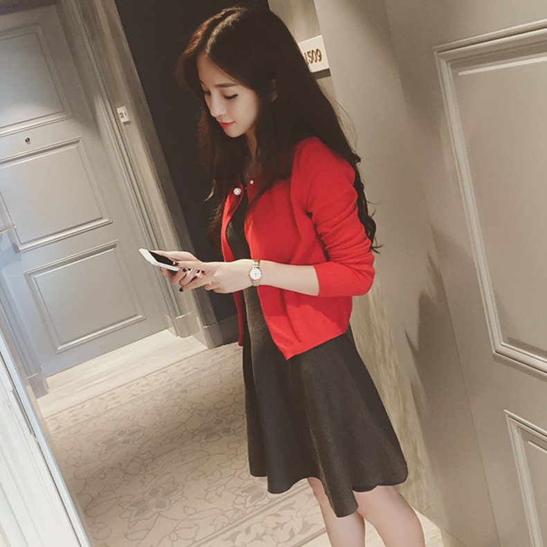 Áo len ngắn Hàn Quốc áo len mỏng màu đỏ của phụ nữ áo len mùa xuân và mùa thu cổ tròn Áo khoác mỏng áo choàng dài tay áo choàng áo len nữ đẹp