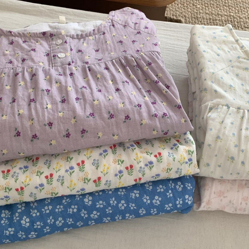 Cotton Gauze Nightgown! Class a Double-Layer Gauze Small Floral Round Neck Lace Short-Sleeved Nightgown, Loose and Comfortable Loungewear Cotton Gauze Nightgown! Class a Double-Layer Gauze Small Floral Round Neck Lace Short-Sleeved Nightgown, Loose and Comfortable Loungewear