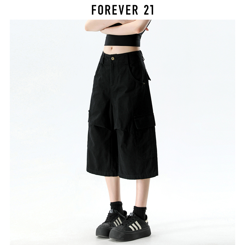 Forever 21 American-Style Black Cropped Cargo Pants for Women, New Summer Loose Fit, Slimming, Multi-Pocket Wide-Leg Casual Pants Forever 21 American-Style Black Cropped Cargo Pants for Women, New Summer Loose Fit, Slimming, Multi-Pocket Wide-Leg Casual Pants