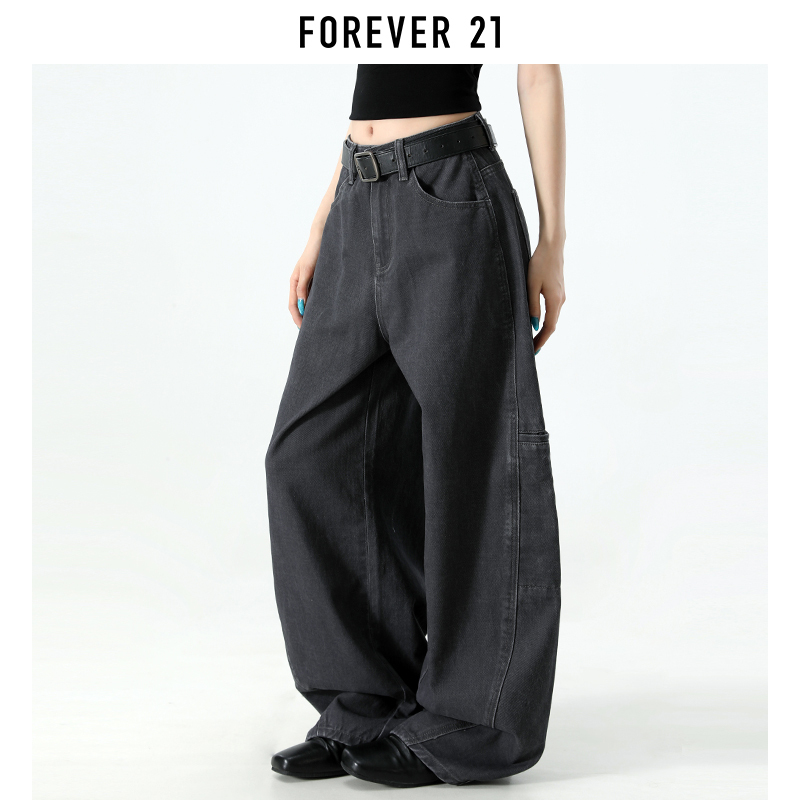 Forever 21 American Retro Black and Gray Scimitar Jeans for Women, Spring New Low-Waist Loose Slimming Wide-Leg Pants