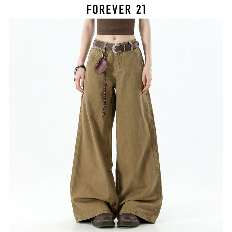 Forever 21 American Retro Khaki Workwear Jeans for Women, New Spring Style, Low-Waisted, Loose, Slimming Wide-Leg Pants