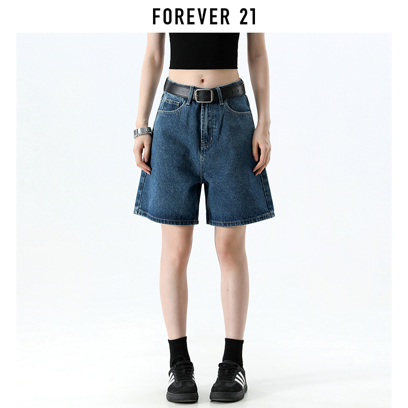 Forever 21 American-Style Dark Blue Straight-Leg Denim Shorts for Women, New Summer Loose Fit, Slimming and Covering, Mid-Length Shorts