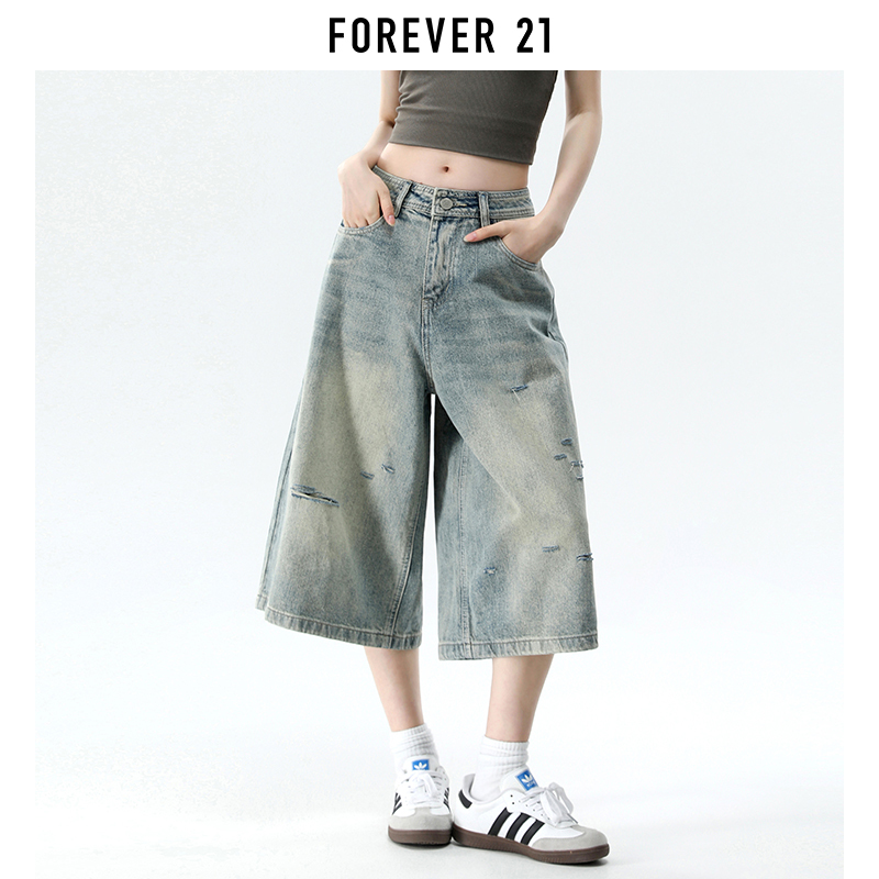 Forever 21 American Retro Blue Wide-Leg Cropped Jeans for Women, New Summer Style, Ripped, Loose, Slimming Straight-Leg Pants