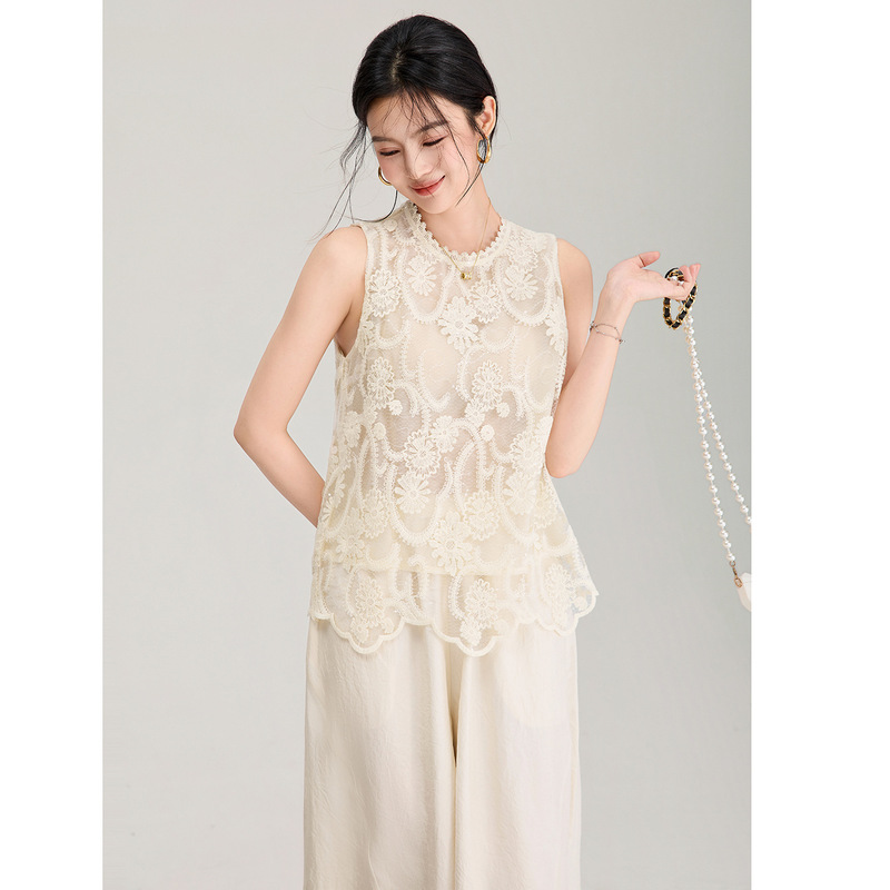 Nanyou Heavy Industry Sequin Embroidered Cotton Lace Collar Stylish Sleeveless Vest 2026 New Elegant Lace Top for Women