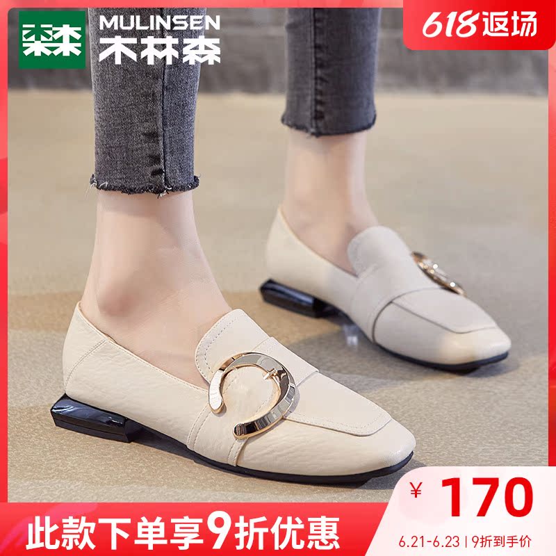 Wood Linson Women Shoes Spring New Shoes Square Head Shoes Women Flat-bottomed Lefu Shoes Women Inglust Style 100 Hitch Leather Shoes