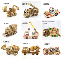 Wooden childrens toy car engineering flatbed transporter cloud ladder fire rescue vehicle crane loading excavator model