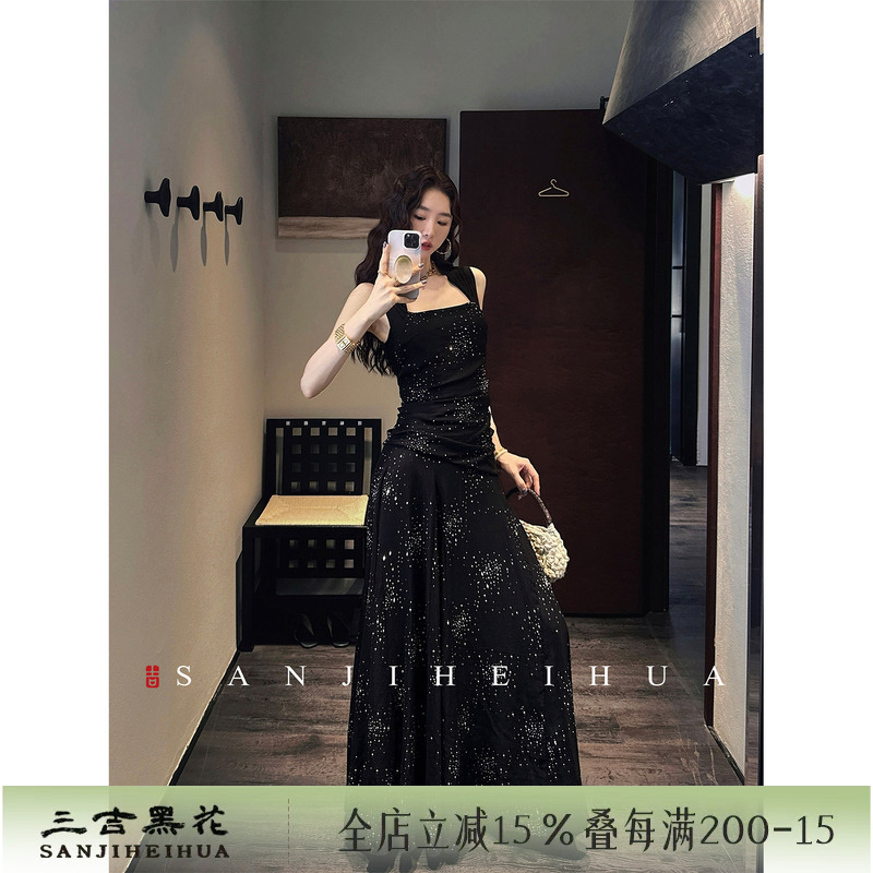 Sanji Black Flower [Silver Sprinkles] New Chinese Style Rhinestone Cotton Dress Women's Summer Strap Long Dress 2026 Super Popular