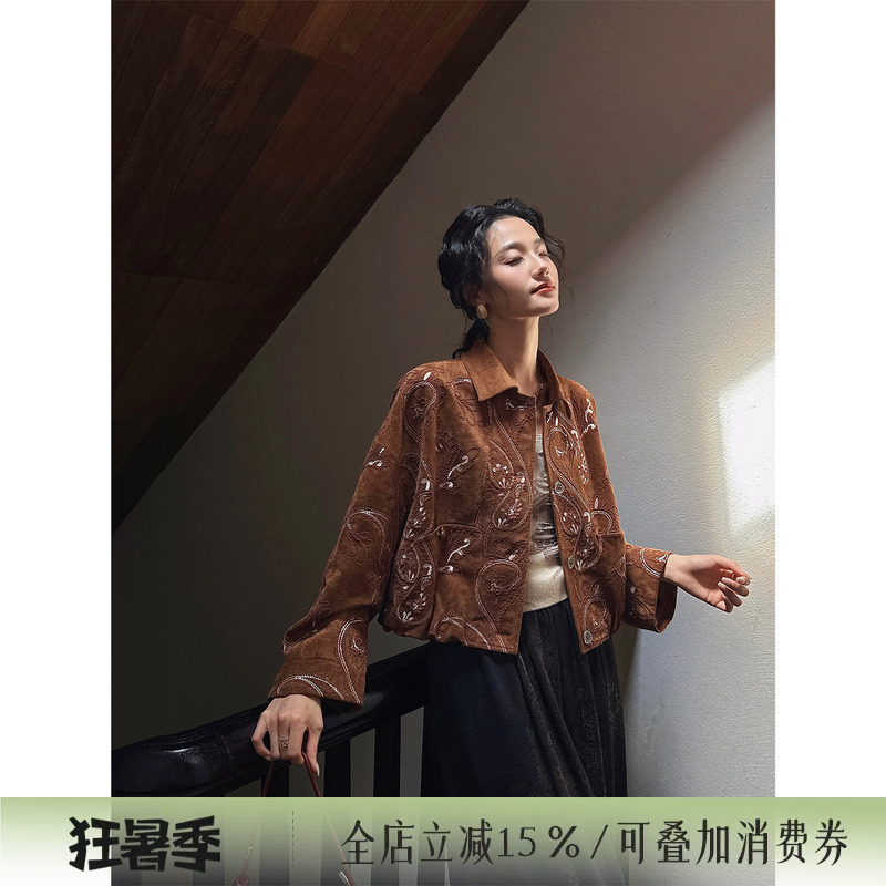 Sanji Black Flower [Dream Reverie] Women's 2025 New Autumn Suede Paisley Embroidery Beautiful Short Jacket Coat