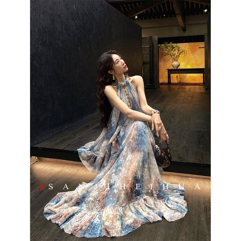 Sanji Heihua [Dancing with Flowers] New Chinese-Style Sequin Lace Ruffle Dress for Women, Summer Halter Neck Long Dress