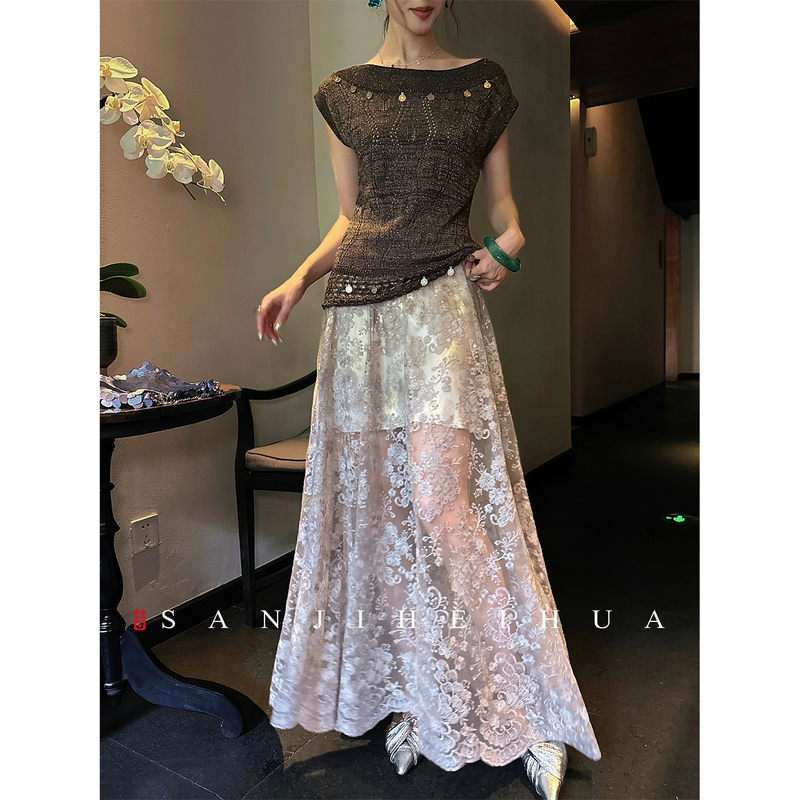 Sanji Heihua [Fuzawa] New Chinese-Style Bead Embroidery Mesh Gold Foil Satin A-Line Skirt Women's Floral Long Skirt Trendy