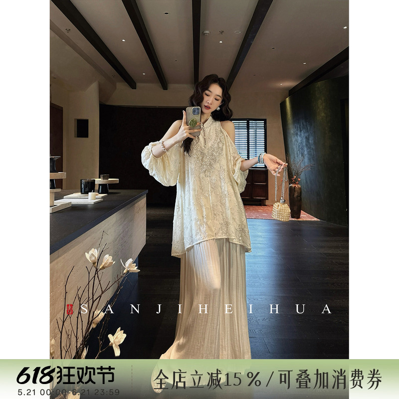 Sanji Heihua [Qingchuan] New Chinese-Style Lace Bead Embroidery Off-Shoulder National Style Dress for Women, Summer 2026, Very Beautiful