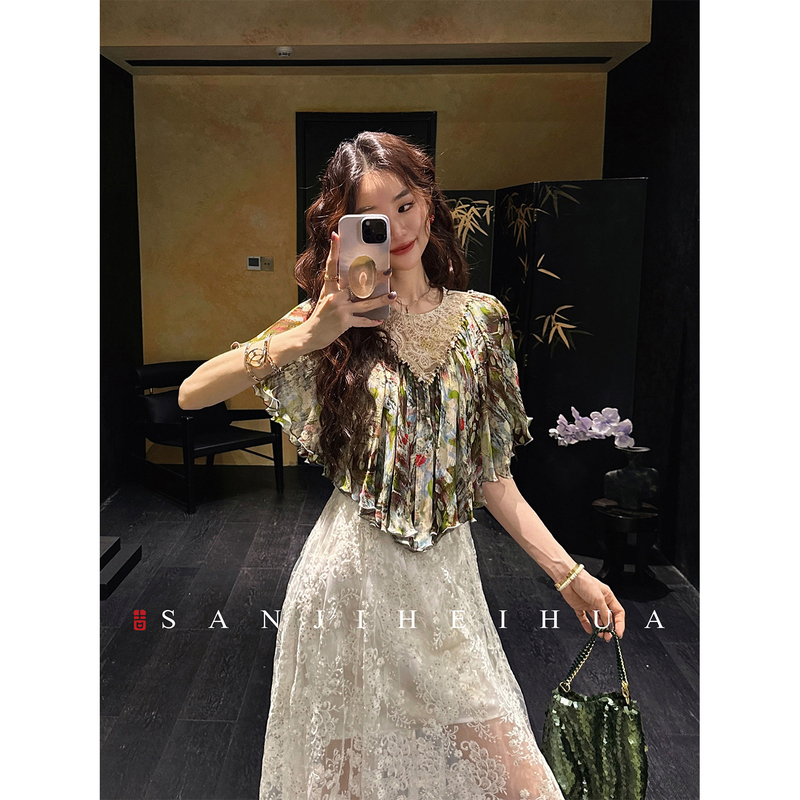 Sanji Heihua【Mi Tang】New Chinese Style Rayon Patchwork Paisley Short Sleeve T-Shirt Women's Lace Summer Top Trendy