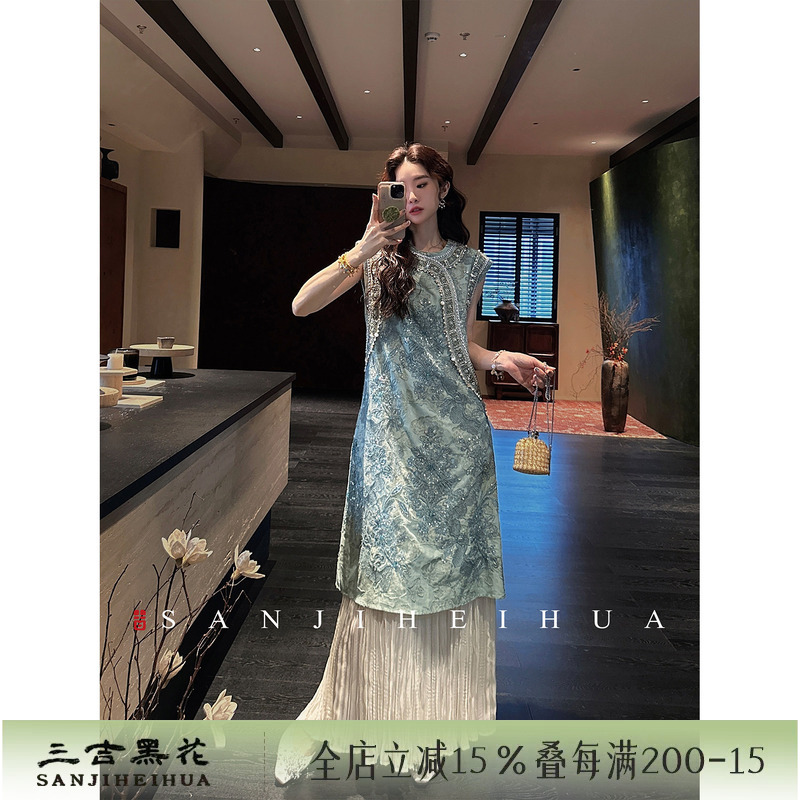 Sanji Heihua [Ningyan] New Chinese Style Rope Embroidery Bead Embroidery Cheongsam 2026 New Dress Women's Summer Tank Top Long Dress