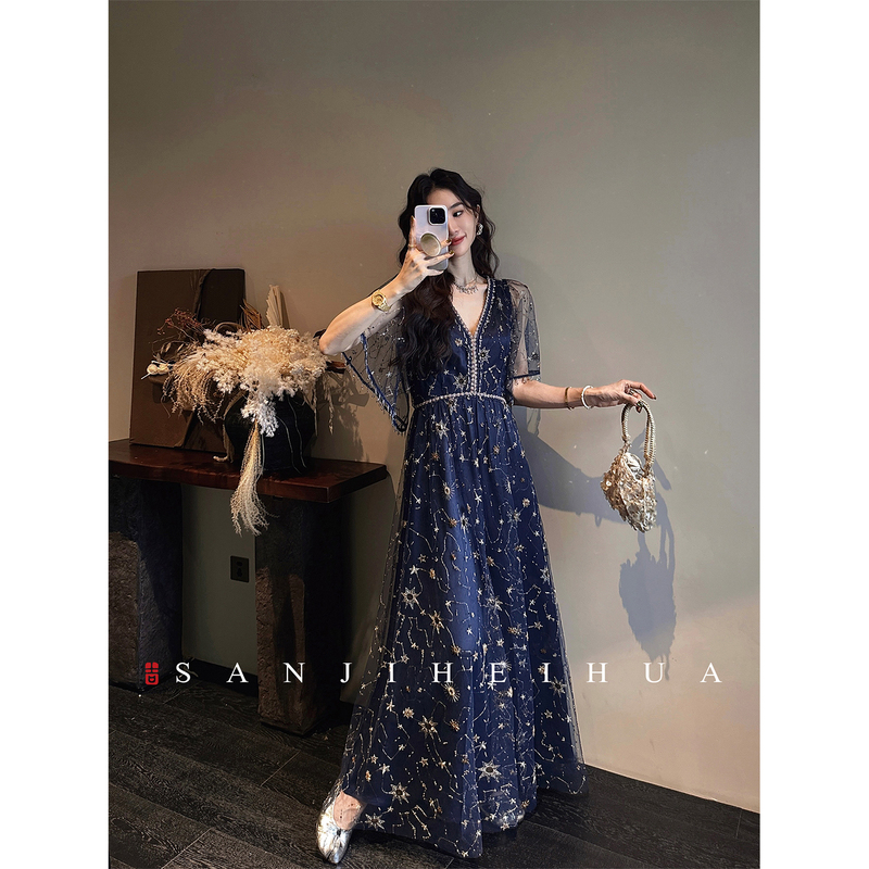 Sanji Heihua [Meteor Night] New Chinese-Style Bead Embroidery Mesh Acetate Dress for Women, Summer Long Dress Trend