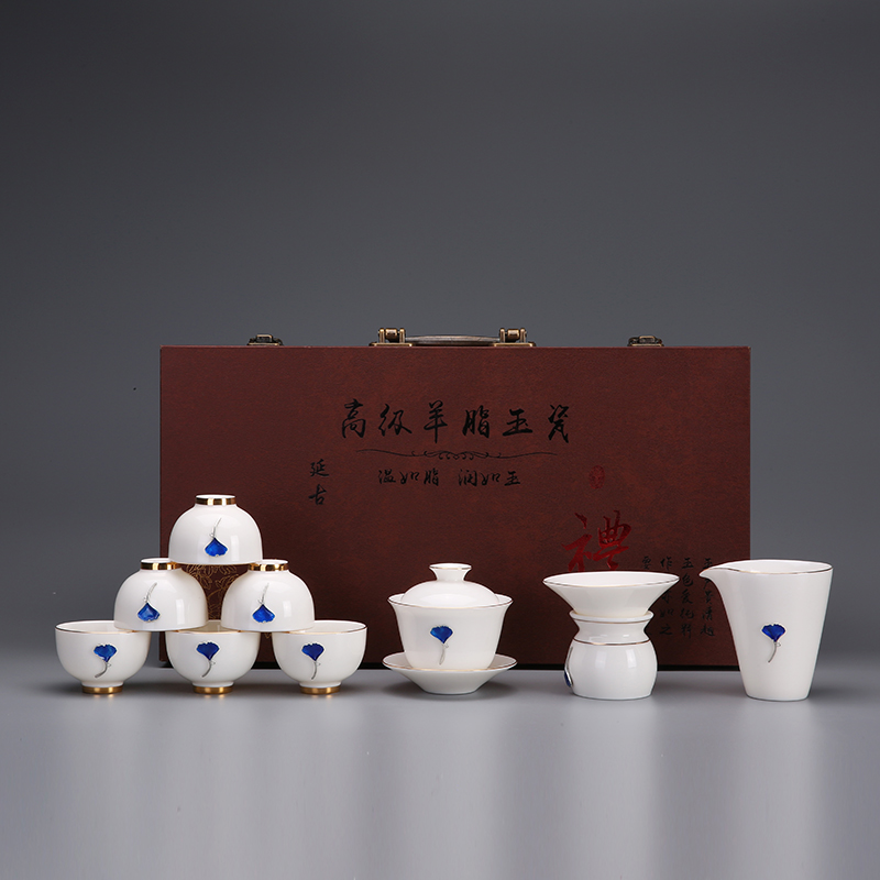 White porcelain kung fu tea set jade suit dehua porcelain manually make tea tureen ceramic cups of a complete set of household contracted the teapot