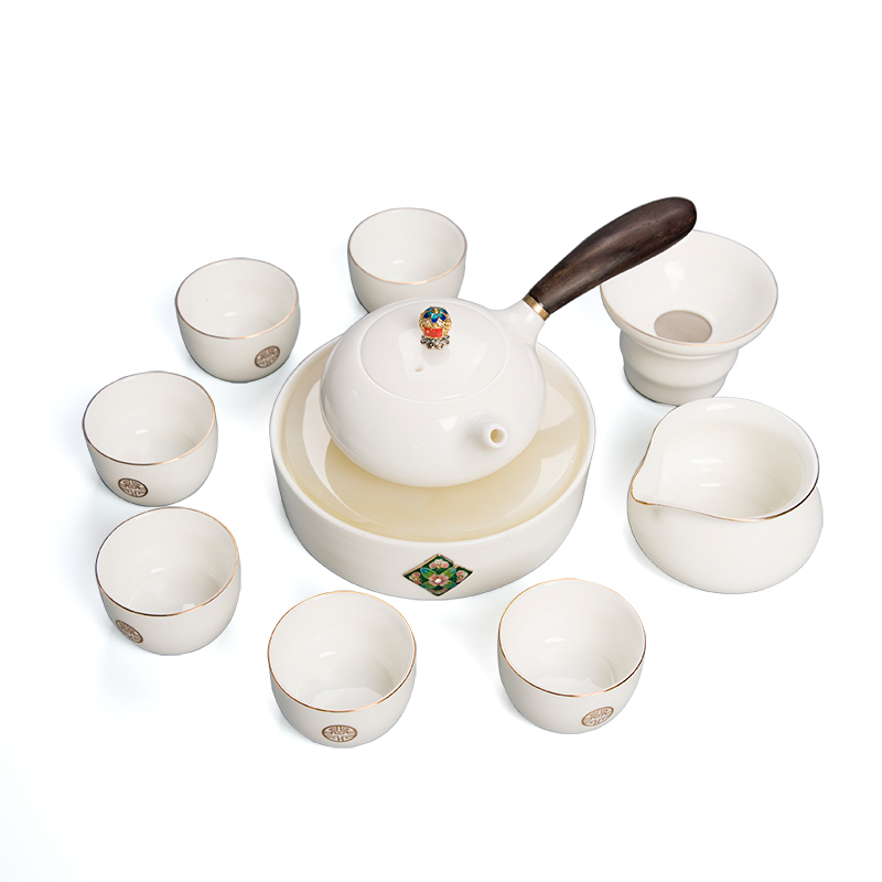 Dehua suet jade porcelain tea set suit white porcelain household tureen tea cup teapot kung fu tea set of a complete set of gift boxes