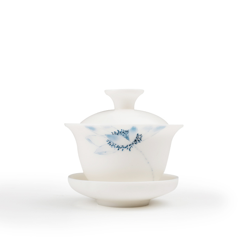 Jade porcelain hand - made tureen worship dehua white bowl large tea cups three bowl of kung fu tea set hand grasp pot of ceramics