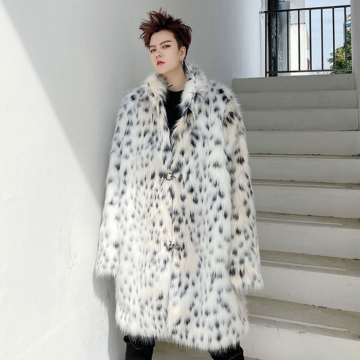 Winter Light Luxury High-End Faux Fur Parka Coat for Men, Mid-Length, Eye-Catching White Leopard Print Plush Cotton Jacket