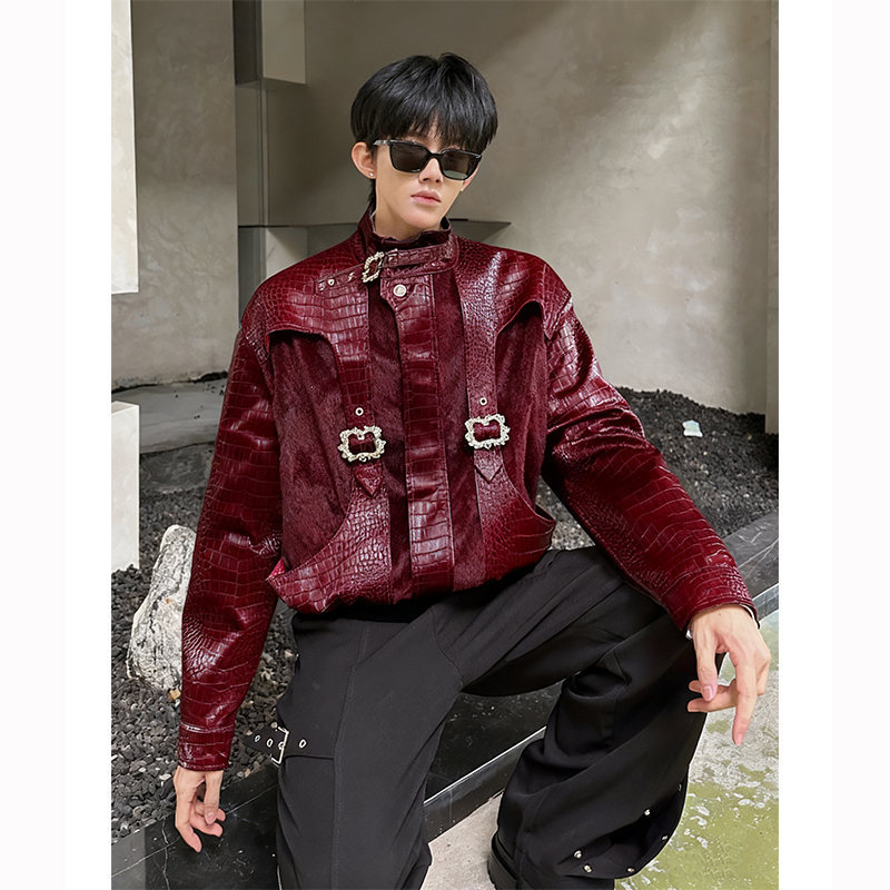 American-Style Cleanfit Snakeskin Scale Leather Jacket for Men and Women, Deconstructed Patchwork Shoulder-Padded Crocodile-Pattern Leather Jacket, Trendy Streetwear Jacket