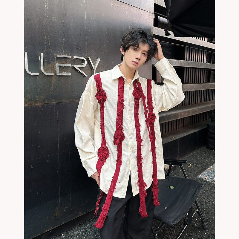 Spring and Summer New Style Three-Dimensional Floral Red Rose Shirt with Ribbon Long Sleeves for Men and Women, American Niche Top