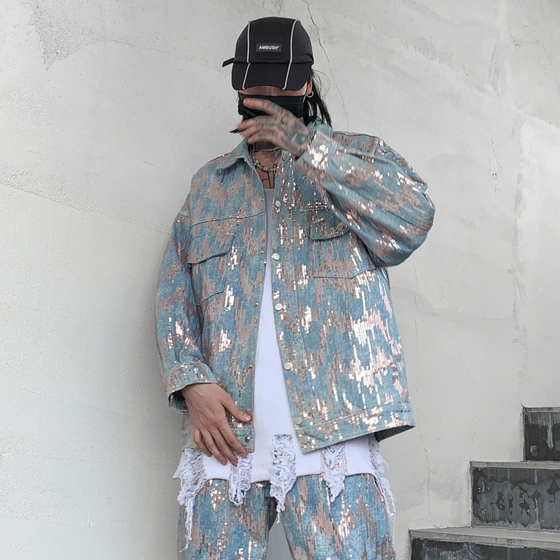 Autumn Heavy-Duty Sequin Reflective Denim Jacket for Men and Women, Trendy ins Hip-Hop Brand Loose Jacket, Super Popular Top