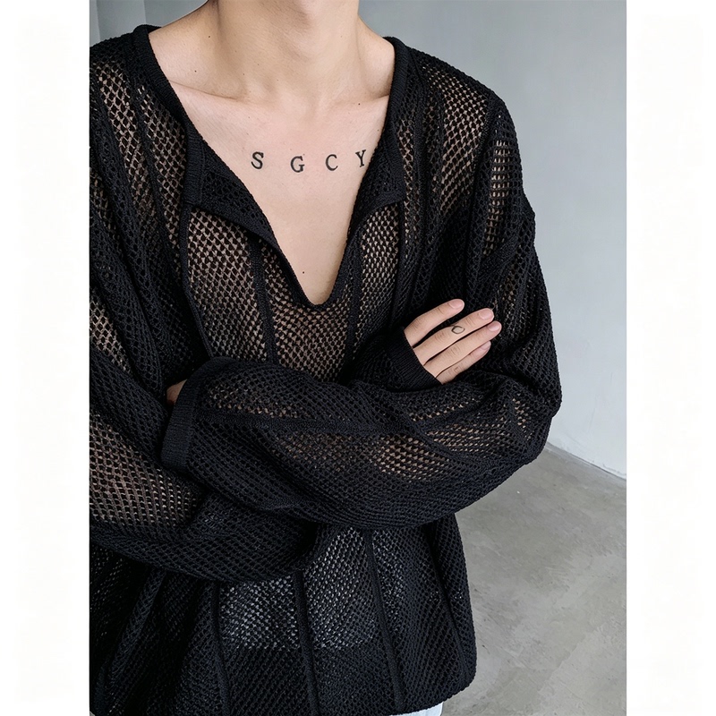 Sexy Fishnet Hollow-Out Sun Protection Cardigan for Men, Suitable for Spring, Autumn, and Summer, Layered Knitwear, Thin See-Through Large Mesh Top