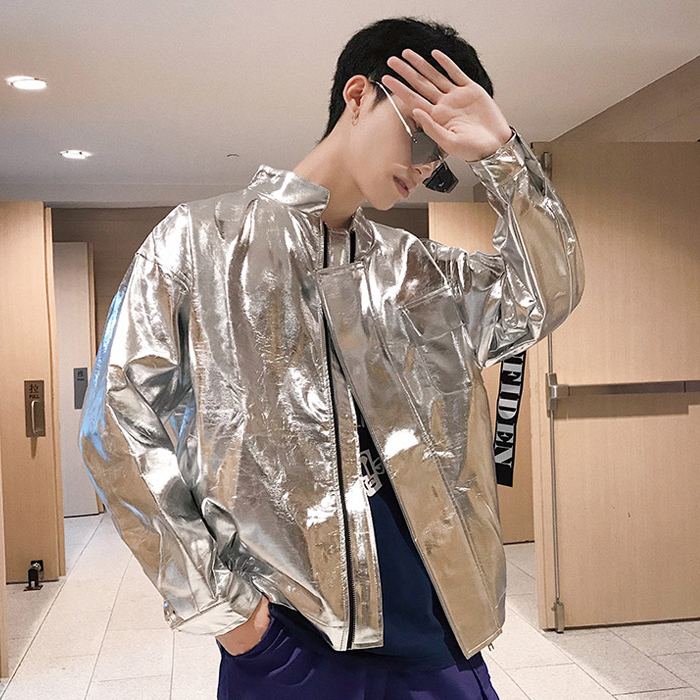Korean ins Hong Kong Style Hiphop Silver Glossy Reflective Jacket Men's Laser Hip-Hop Couple Pilot Leather Jacket Korean ins Hong Kong Style Hiphop Silver Glossy Reflective Jacket Men's Laser Hip-Hop Couple Pilot Leather Jacket