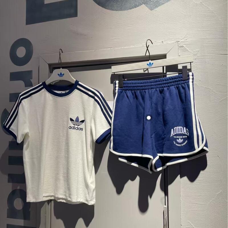 Adidas Originals Round Neck Striped Loose Sports Suit for Women Blue and White It9842 It9854