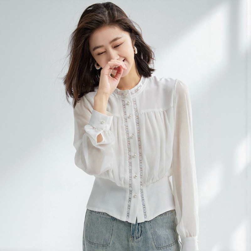 Lace Splicing 100% Mulberry Silk Shirt Women's Short Long-Sleeved French White Petite Silk Top Blouse