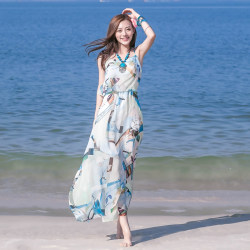 Sanya vacation dress dress ໃຫມ່ Hainan ປະ​ເທດ​ໄທ seaside beach dress chiffon floral suspender ຍາວ dress​